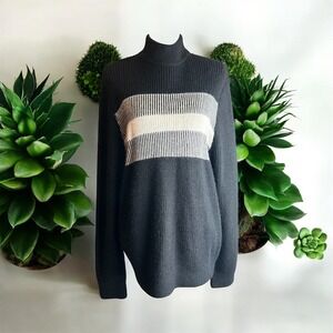 Men's H&M Mock Neck Striped Black Beige Knit Sweater Pullover Sz M Acrylic/Wool